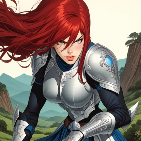 score_9, score_8, BREAK, (Solo), (Erza Scarlet, long hair, red hair), (armor), (blue tattoo), sexy pose,action pose, outdoors, eclipse,hellish landscape,