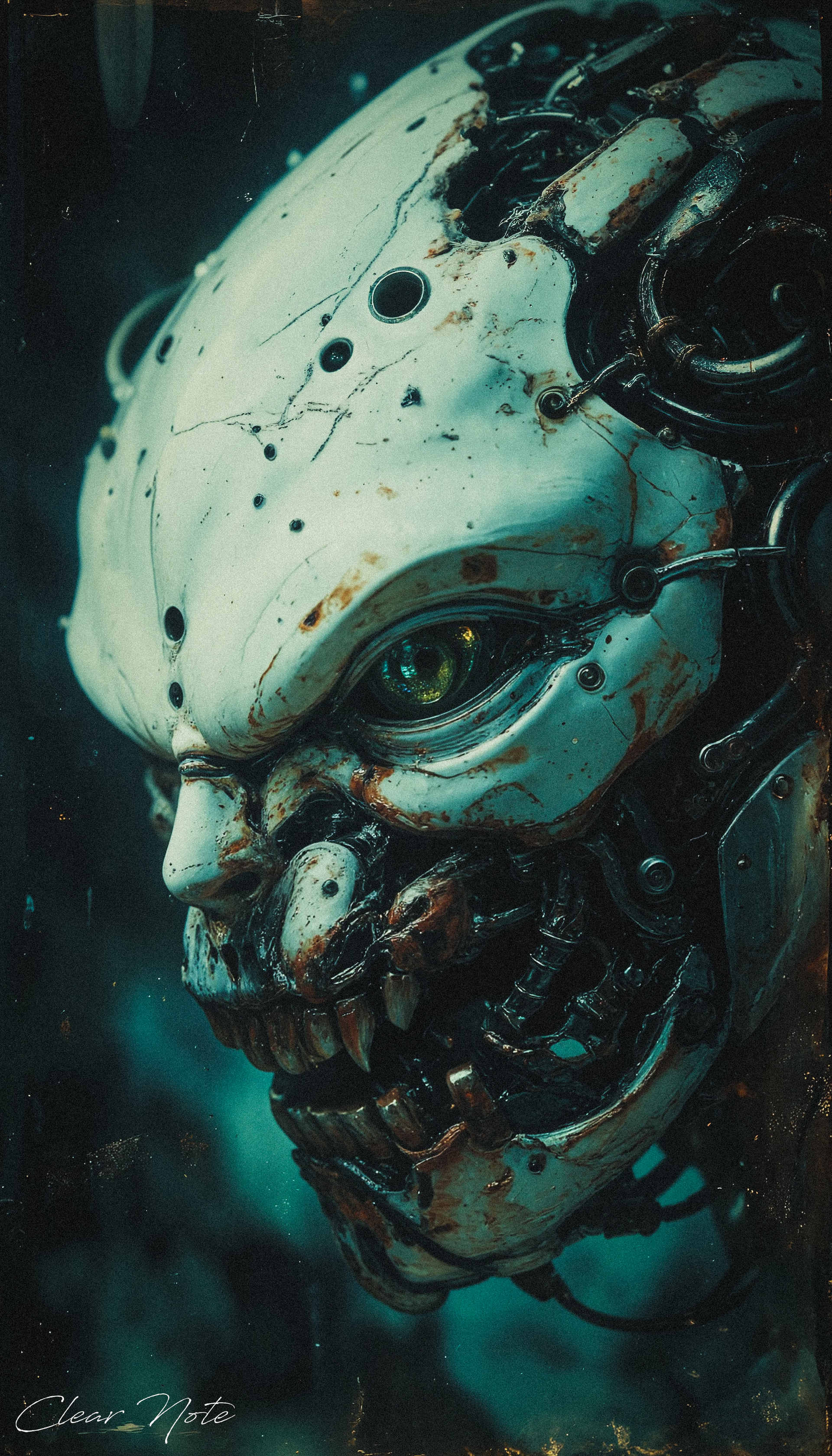 A menacing alien cyborg hides in the shadows, its grotesque, biomechanical form exuding a chilling presence in the engulfing darkness.
