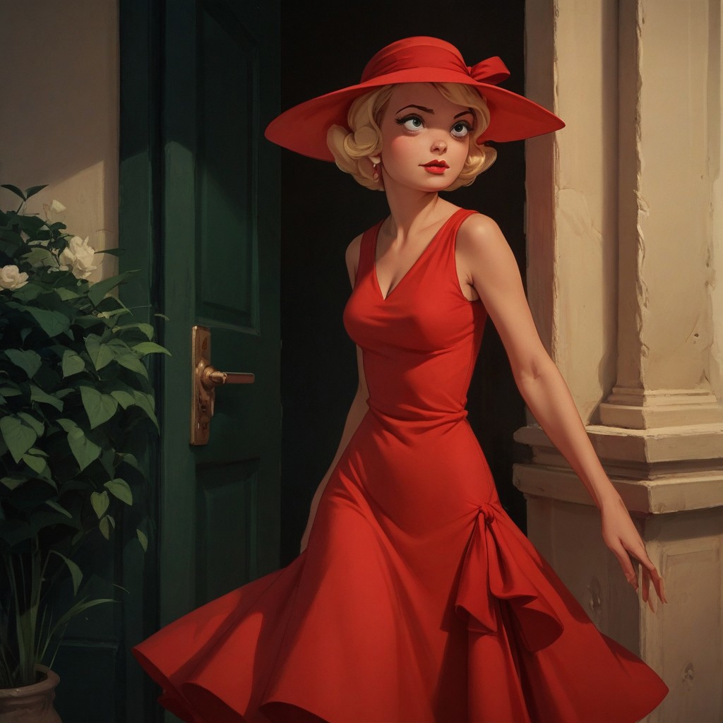 score_9, score_8_up, score_7_up, score_6_up, score_5_up, score_4_up, CLaBouff, 1 girl, blond hair, red 50s dress