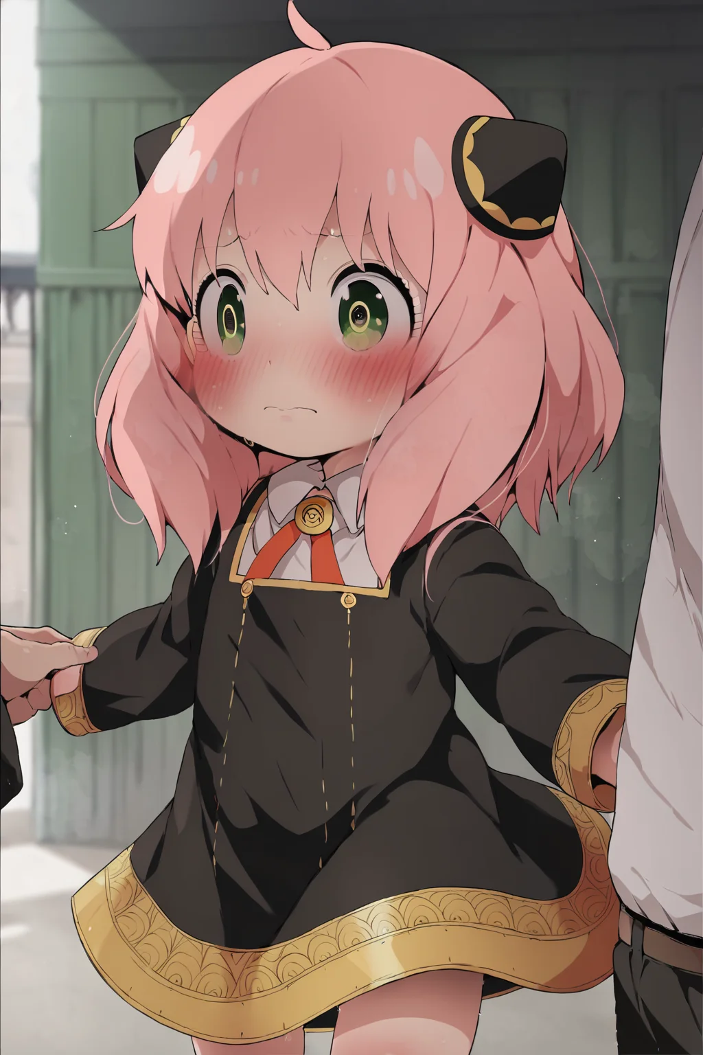 score_9,score_8,1girl,<lora:Anya Forger:0.7>,Anya Forger,1girl,anya (spy x family),pink hair,school uniform,blush,green eyes,dress,black dress,sfw,standing,