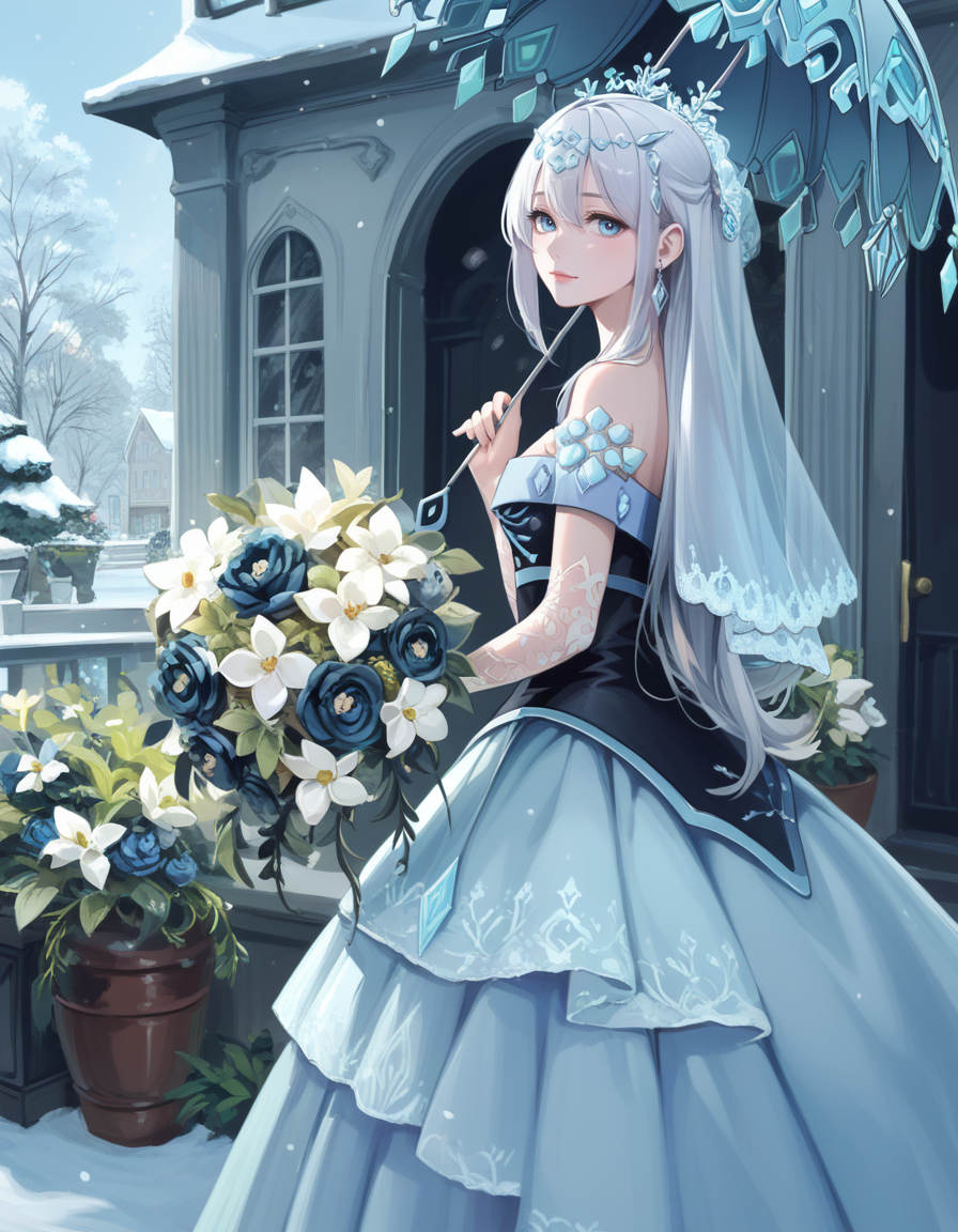 (score_9:0.9),score_8_up,score_7_up,rating_safe,(zPDXL3),(zPDXL),
<lora:Teardrop the Rikka Queen ponyXL v1.1:0.74>,
teardrop the rikka queen,1girl,solo,looking at viewer,blue theme,snowflakes,standing,bouquet,holding bouquet,crystal umbrella,holding crystal umbrella,monochrome,snowflake tiara,snowflake print detached sleeves,cyan bridal veil,black strapless leotard,from side,looking back,garden,winter,snow,