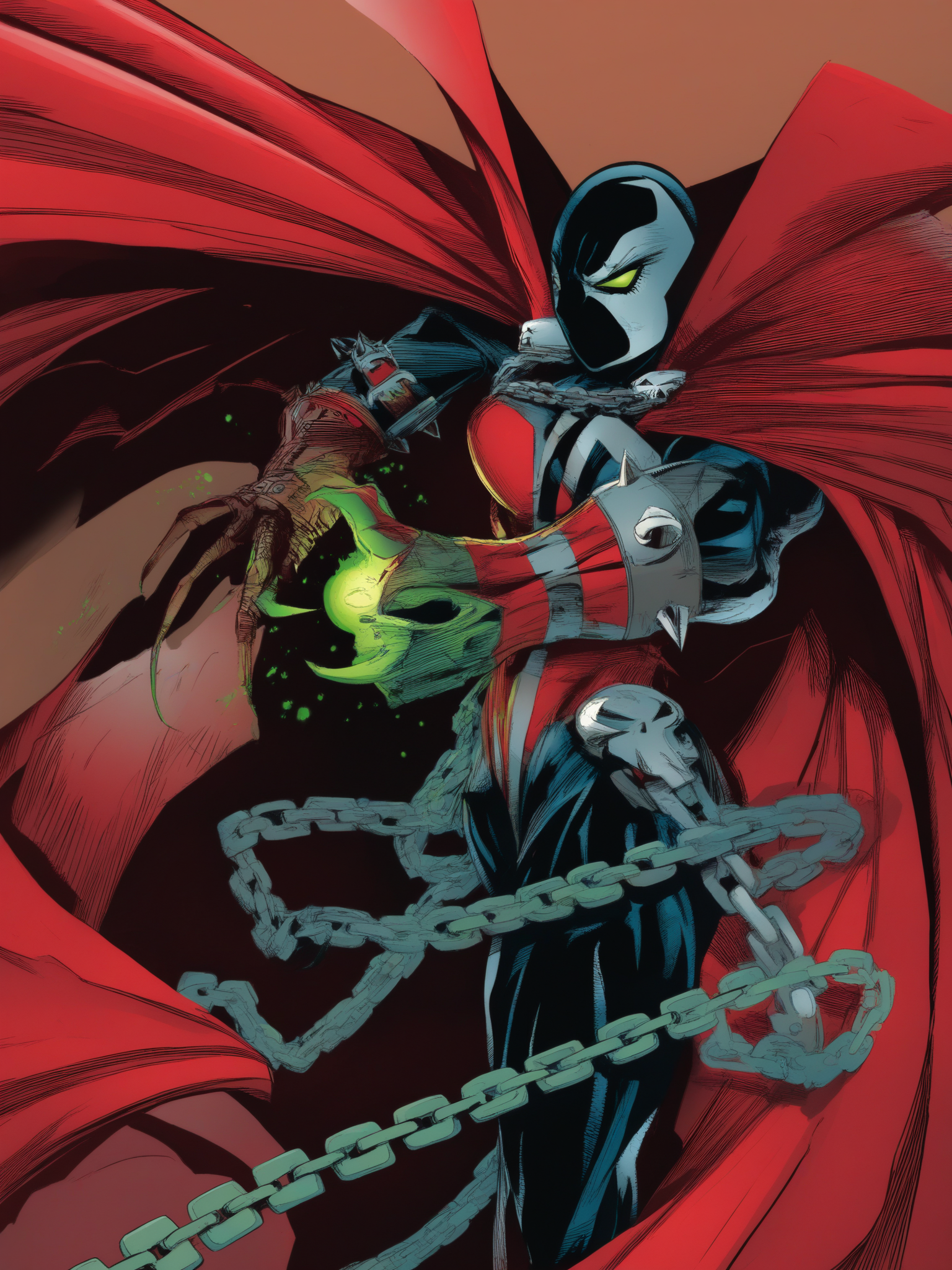 masterpiece, best quality, best score, absurdres, best anatomy, 
 <lora:[Todd McFarlane (associated Artists of Image Comics)] Spawn Art Style Issues 1-10 IllustriousXL:1>,western comics (style), superhero, red cape, mask, 1girl, weapon, battle, chain, green eyes, animification, claws, science fiction