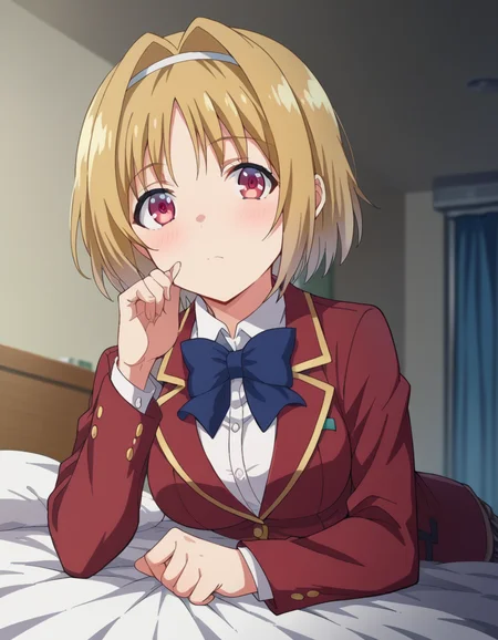 score_9, score_8_up, score_7_up, source_anime,
kikyoukushida, <lora:kikyou-kushida-s2-ponyxl-lora-nochekaiser:1>,
kikyou kushida, short hair, blonde hair, red eyes, hairband, hair intakes,
shirt, long sleeves, bow, school uniform, jacket, white shirt, bowtie, blue bow, blazer, red blazer,
indoors, bed, bed room, on side, blush, drunk,
looking at viewer, dutch angle, cowboy shot,