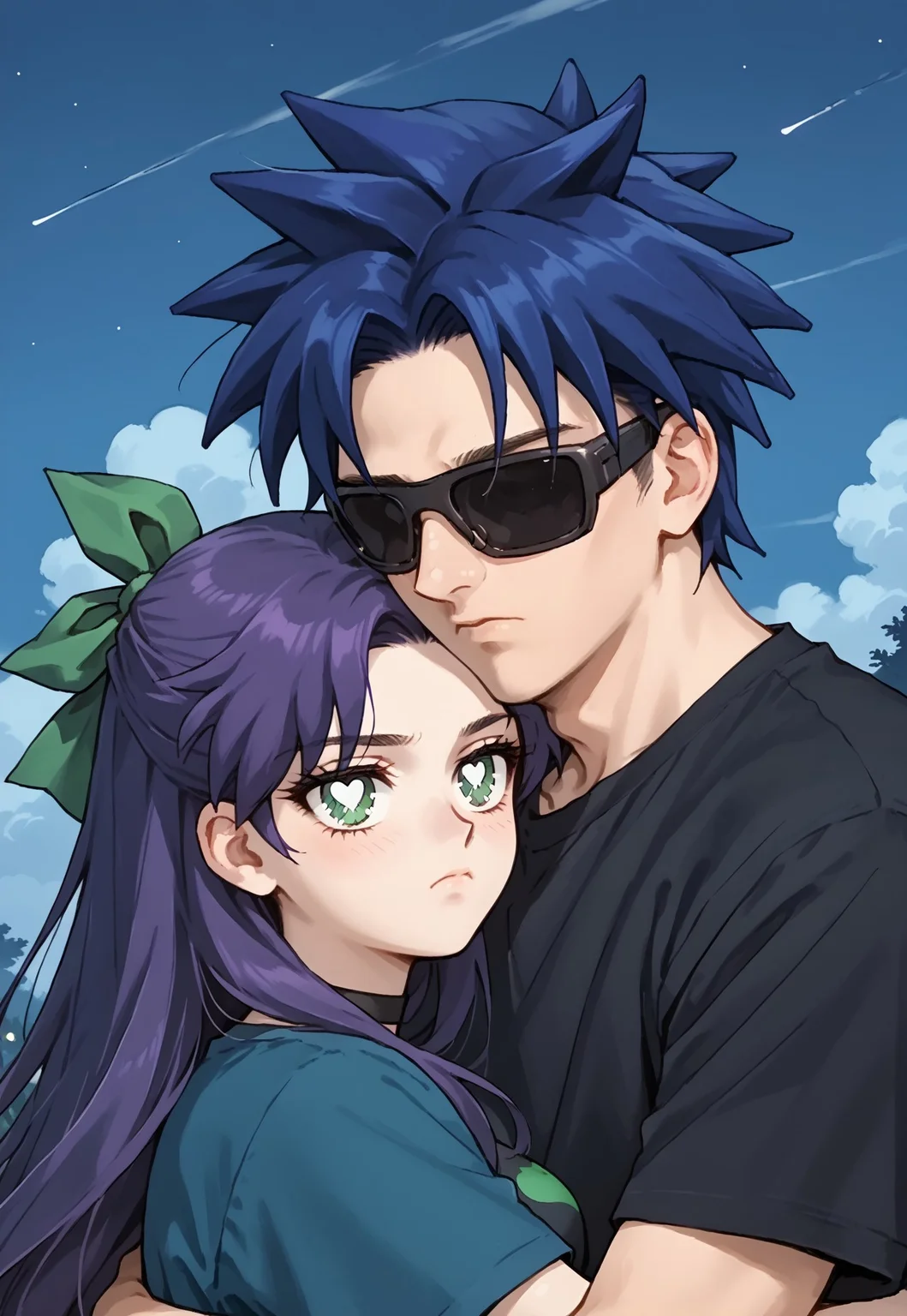 score_9, score_8_up, score_7_up, score_6_up, 1990s (style), zPDXL3, sm90s, source_anime, anime screencap, anime coloring, duo, couple, hug, 1girl, NSAbigailStardew, purple hair girl, blue hair boy, (green eyes:0.7), looking at viewer, long hair, (parted bangs:0.4), black choker, (hair ribbon:1.2), green ribbon, (blue vest, open vest:0.6), (sleeveless:0.5), 1boy, DimonSV, (black sunglasses, tonned sunglases:1.2), (heart shirt:1.4), (spiked hair, spikes hair:1.1), from front, from side, medium perky breasts, aesthetic face, dedicated face, enthusiastic face, epic, masterpiece, unamused, outdoors, night sky, black theme, dark, looking, closed mouth, half-closed eyes