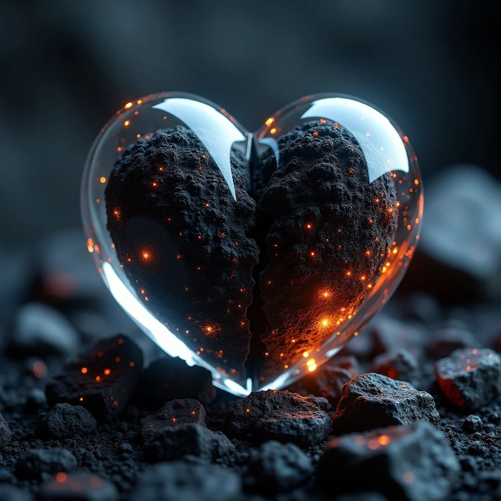 A glass heart broken down the middle exposing a sinister black core. Soft, ambient lighting illuminates the scene from above, casting a warm glow, with the blurred black lava and ash background adding depth to the composition. Highly detailed, high quality.