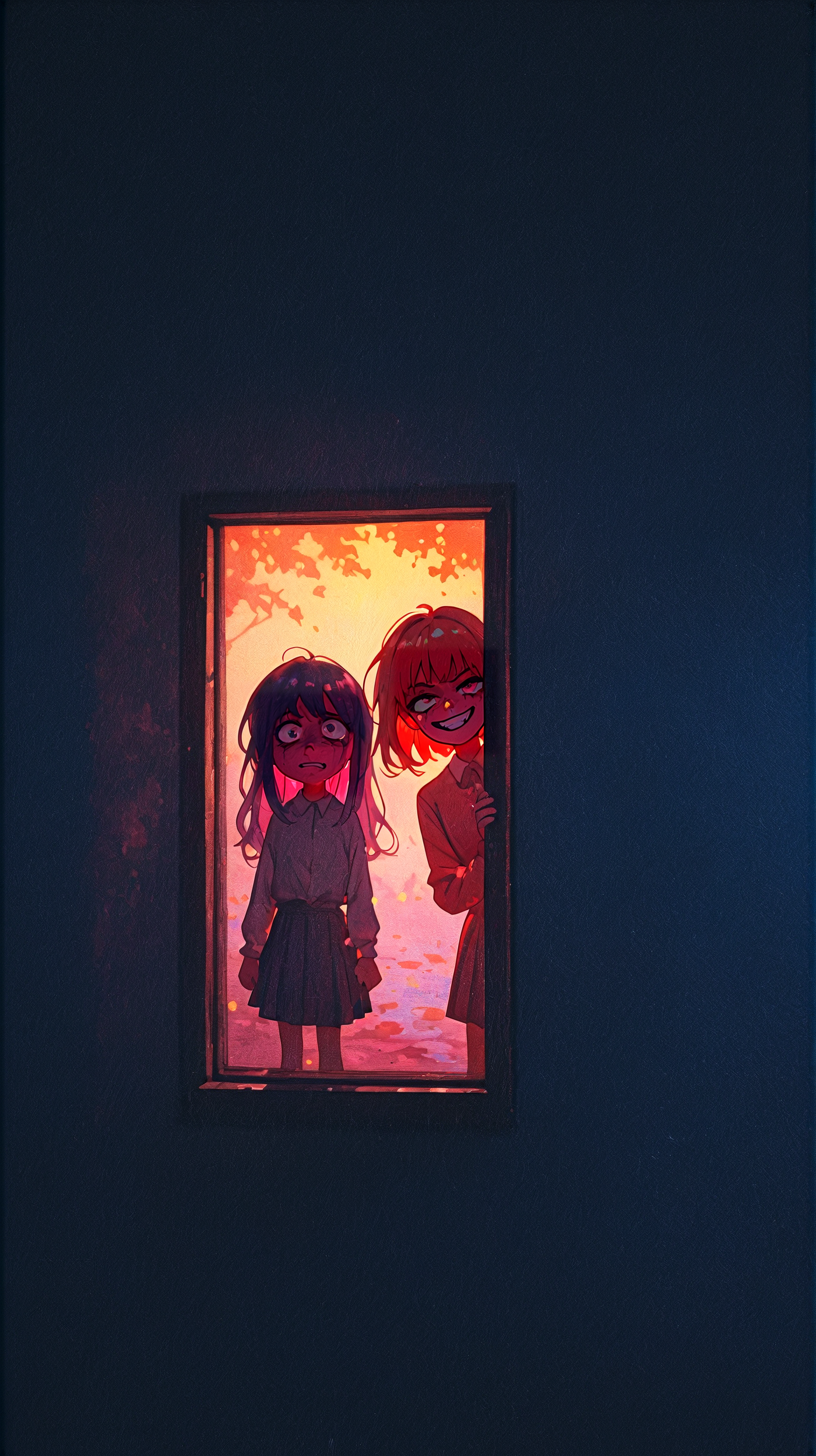 impressionism, highres, toon \(style\), watercolor pencil \(medium\), vivid colors, split lighting,
2girls, implied yuri, BREAK BREAK 1girl, evil grin BREAK 1girl, despair,