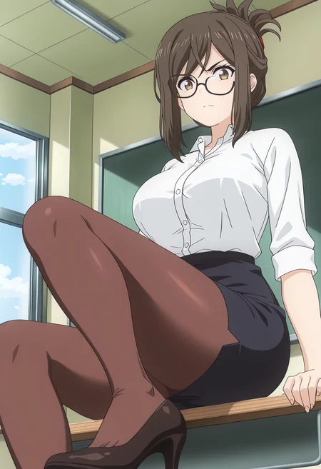 masterpiece, best quality, high resolution, source_anime, highly detailed illustration, detailed eyes,
very aesthetic, absurdres, newest, amazing quality,
1girl, solo, anime screencap, anime coloring,
<lora:shiKojimaSenseiV1ill:1>,shikojimadef, brown hair, brown eyes, folded ponytail, long hair,
large breasts,
dress shirt, white shirt, office lady, pencil skirt, pantyhose,
looking at viewer, adjusting clothes, serious, pov, classroom, school desk,high heels, feet on desk, chalkboard, scenery reference, window,
<lora:shiCrookedEyeV1ill:1>,shicrookglass, crooked eyewear, black glasses,