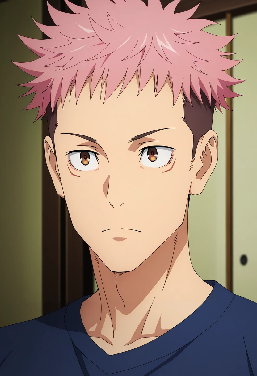 masterpiece, best quality, , semi-realistic, , anime screencap, anime coloring, official style, 1boy, solo, male focus, <lora:yuuji_itadori_ilxl:0.98>, yuuji_itadori, pink hair, brown eyes, short hair, undercut, spiked hair