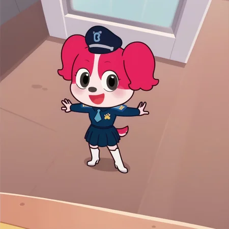 score_9, score_8_up, score_7_up BREAK PapillonS, 1girl, anthro dog, white and pink fur, pink ears, dark gray eyes, black nose, white legs, short pink tail, blue police uniform, cyan epaulettes with gold stripes, cyan tie, gold paw badge, blue police hat, blue pleated skirt, long heeled white boots, female, female focus, screenshot, official art, parody, cartoon footage, official design, screencap, cartoon screenshot, official screenshot, 2d, cartoon, source_cartoon, high-angle pov, high-angle view, solo, solo focus, happy at viewer,