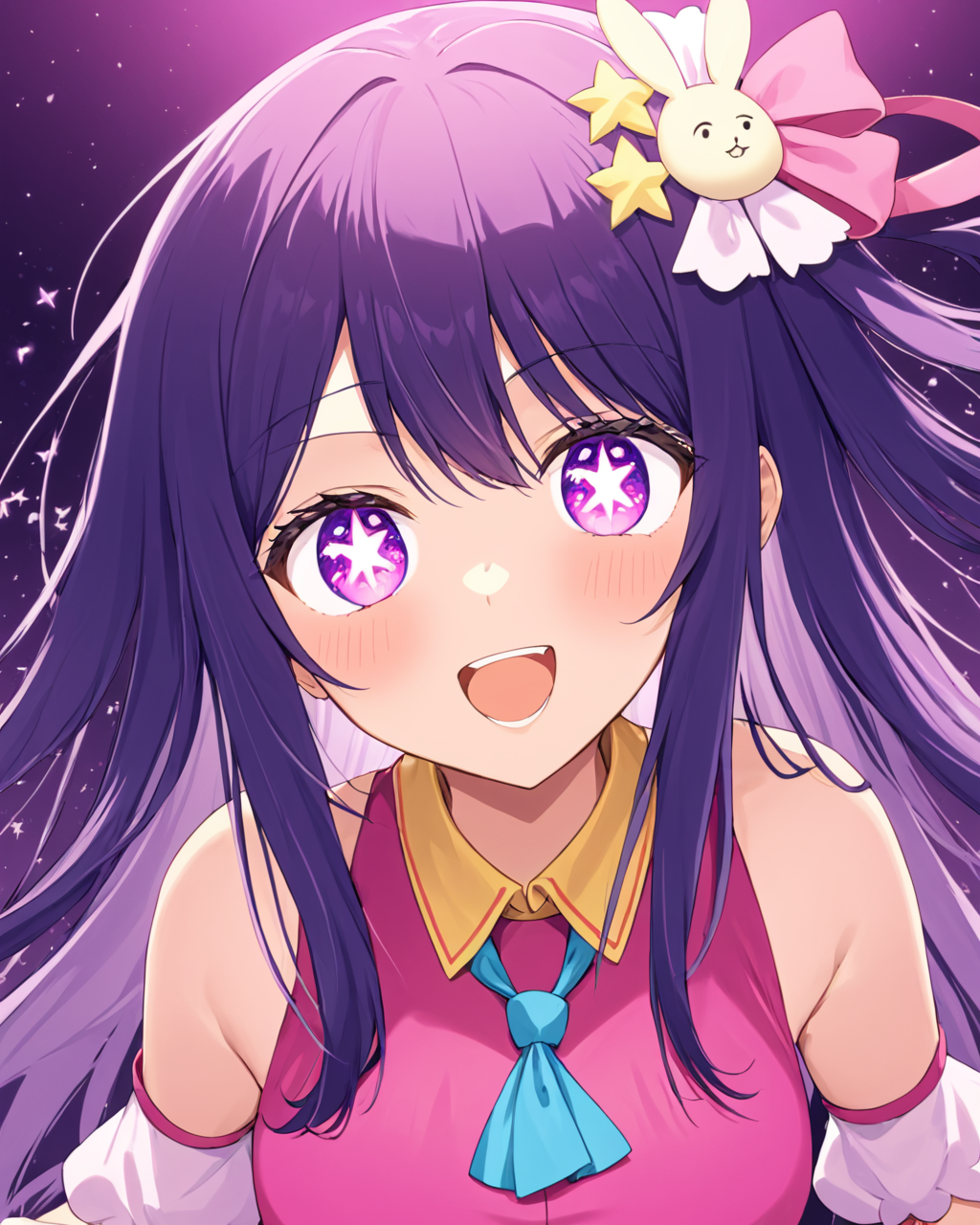 ai hoshino,1girl, solo, open_mouth, star_\(symbol\), star_hair_ornament, looking_at_viewer, signature, blush, detached_sleeves, puffy_short_sleeves, upper_body, teeth, :d, pink_dress
<lora:hoshino_ai_(oshi_no_ko)_image2321_2023-12-06:1>,star-shaped_pupils,symbol-shaped_pupils,. gorgeous,key visual, vibrant, studio anime,award-winning, professional, highly detailed,high budget, cinemascope