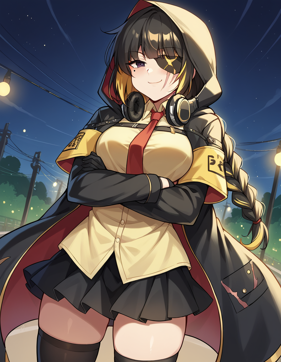 score_9, score_8_up, score_7_up, source_anime, <lora:girlsfrontline-m16a1-ponyxl-lora-nochekaiser:1>, m16a1, black hair, long hair, black eyes, streaked hair, yellow hair, bangs, braid, braided ponytail, eyepatch, mole, mole under eye, scar, scar on face,, armband, asymmetrical legwear, black gloves, black jacket, black legwear, black skirt, buttons, gloves, headphones, headphones around neck, hood, hooded jacket, jacket, knee pads, necktie, skirt, strap, unevent legwear, shirt, yellow shirt, hood down, mature female, medium breasts,, runway, landing, lights, speed, takeoff, , crossed arms, smug, looking at viewer, solo,, dutch angle, cowboy shot