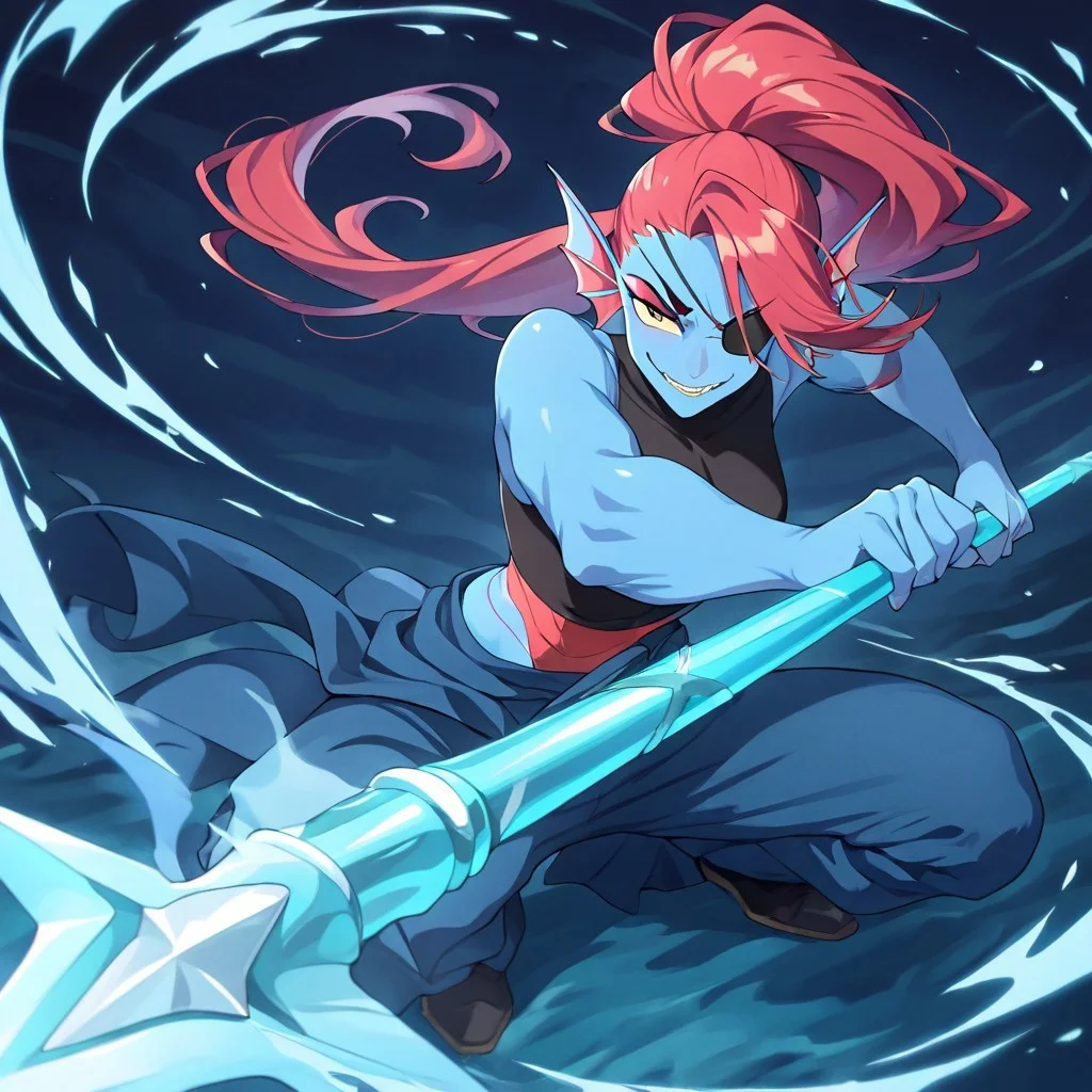 masterpiece, best quality, newest, absurdres, highres, anime, anime style, DPDV1.0, dynamic pose, polearm, holding polearm, holding weapon, weapon,
1girl, undyne, eyepatch, head fins, red hair, blue skin, blue colored skin, colored skin,
spear, holding spear,