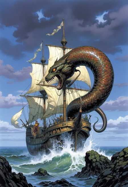 Comic book style 8k high quality digital painting , masterpiece, very detailed, ultra realistic, (best quality) very detailed epic masterpiece, a sailing ship on a stormy ocean is being attacked by a giant sea snake emerging from the water, winding around the ship, big waves, dramatic sky, action, scary, best quality, epic scene, Dungeons and dragons atmosphere, heroic fantasy, fna_style, Comic book style