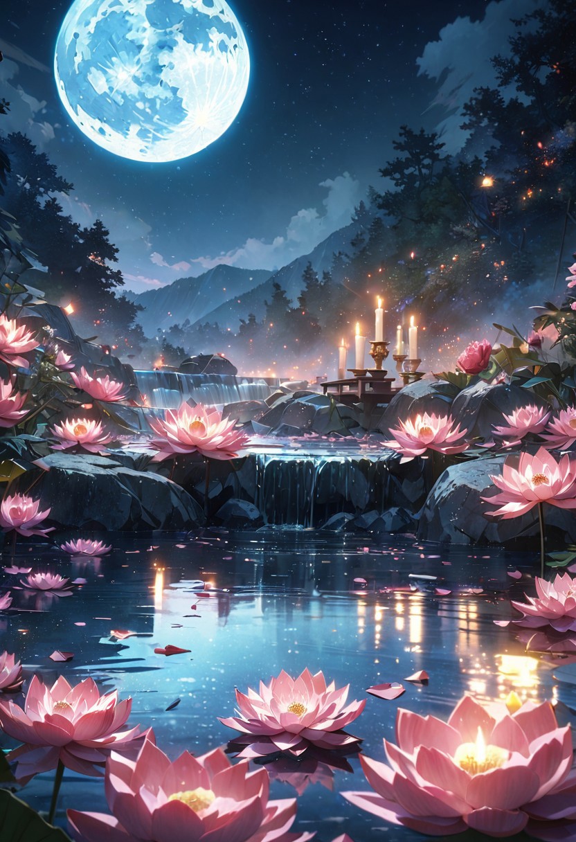 cinematic, (masterpiece), (best quality), (ultra-detailed), very aesthetic, illustration, perfect composition, intricate details, absurdres, (anime, masterpiece, intricate:1.3), (best quality, hires textures, high detail:1.2), (4k),(incredibly detailed:1.4)
hot spring, mist, rocks, Peony, glittery mist, moonlight, sky, lots of stars in the sky, water reflections of the night sky, lotus floating on water with candle, flower petals in the water, moon in the sky, Anime art style, <lora:more_details:0.5>