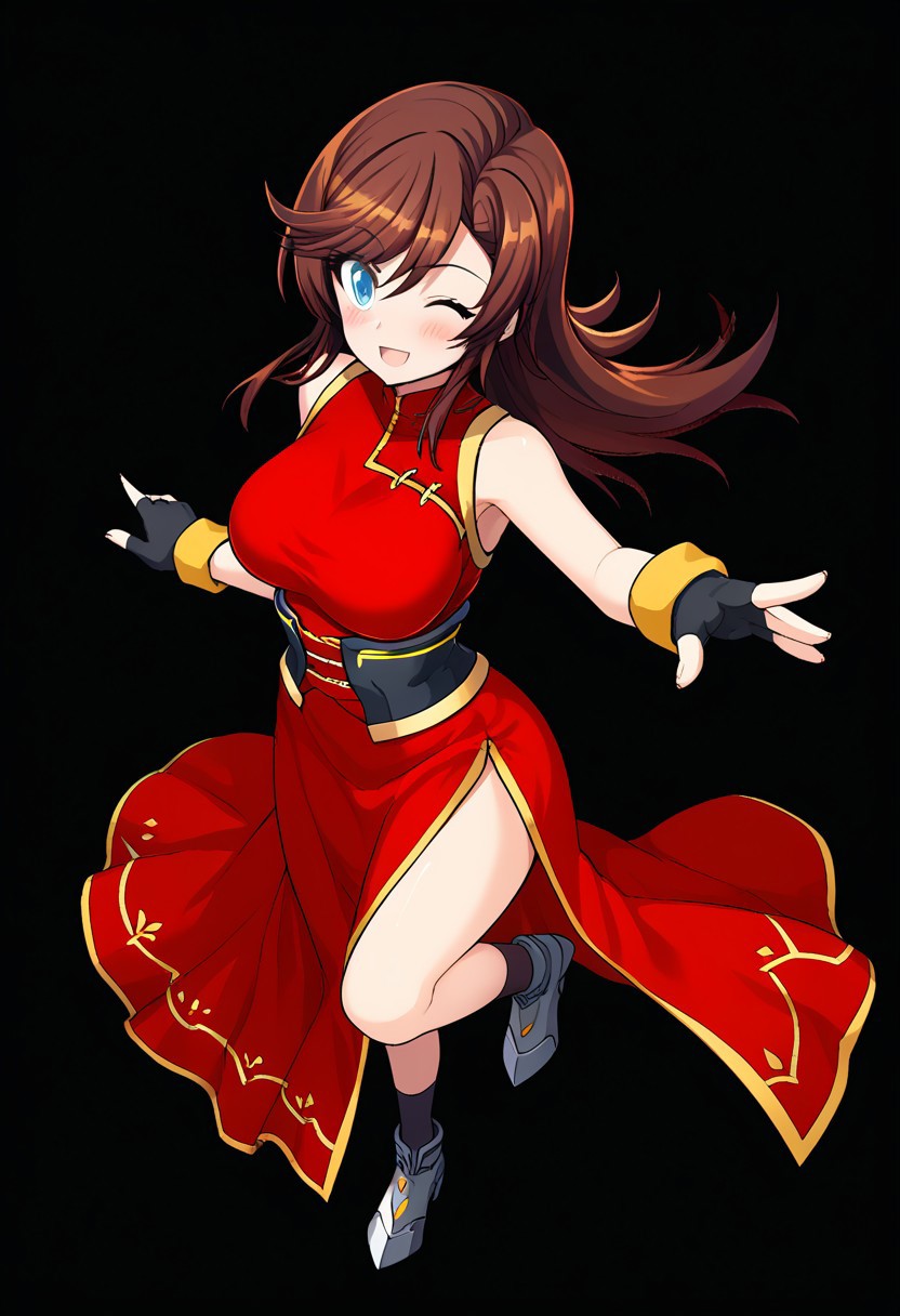 score_9, score_8_up, score_7_up, source_anime, good anatomy, 1girl, solo, MiinaWeltkatze, auburn hair, long hair, swept bang, blue eyes, red dress with yellow trim, side slit, red corset with yellow trim, bare shoulders, black socks, metal shoes, standing, floating, smiling, fluttering dress, open mouth, black gloves, fingerless gloves, raised leg, standing, on one leg, arms outstretched, winking, blushing, from above