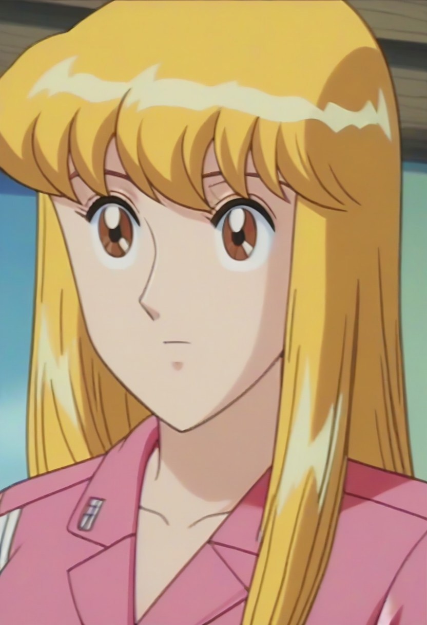 masterpiece, best quality, , anime screencap, anime coloring, official style,uncensored,1girl, solo, (kochikame, akimoto reiko, huge breasts, blonde hair, pink suit),