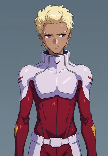 safe_pos, score_9, score_8_up, score_7_up, source_anime, cowboy shot, front view, BREAK, ( dearka_elsman, purple eyes, blonde hair, brown skin, best eyes, looking to the side, red pilot suit, smug expression, 1boy, male focus, solo, ) BREAK,
