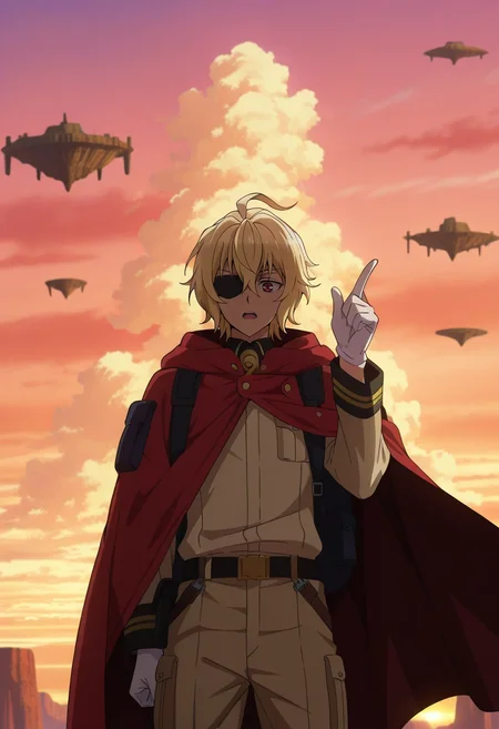 masterpiece, best quality, , anime screencap, anime coloring, official style, looking at viewer, 1boy, solo, male focus, <lora:mikaela_hyakuya_ilxl:0.98>, mikaela_hyakuya, blonde hair, red eyes, short hair, hair between eyes, bangs, ahoge, white gloves, cape, sky whale pod, floating islands, cloud formations, observation point, pointing up, excited expression, golden hour, Cargo jogger pants, Windbreaker, , Fedora, Eye Sleep Patch and andMilitary Backpack