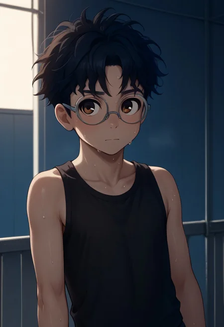 score_9, score_8_up, score_7_up, source_anime, highly detailed, young, 1boy, solo, cute boy, okarun, black hair, curly hair, brown eyes, glasses, tank top, shorts, sweaty, <lora:hot-ponyxl-lora-nochekaiser:1>, hot, sun, sweat,
