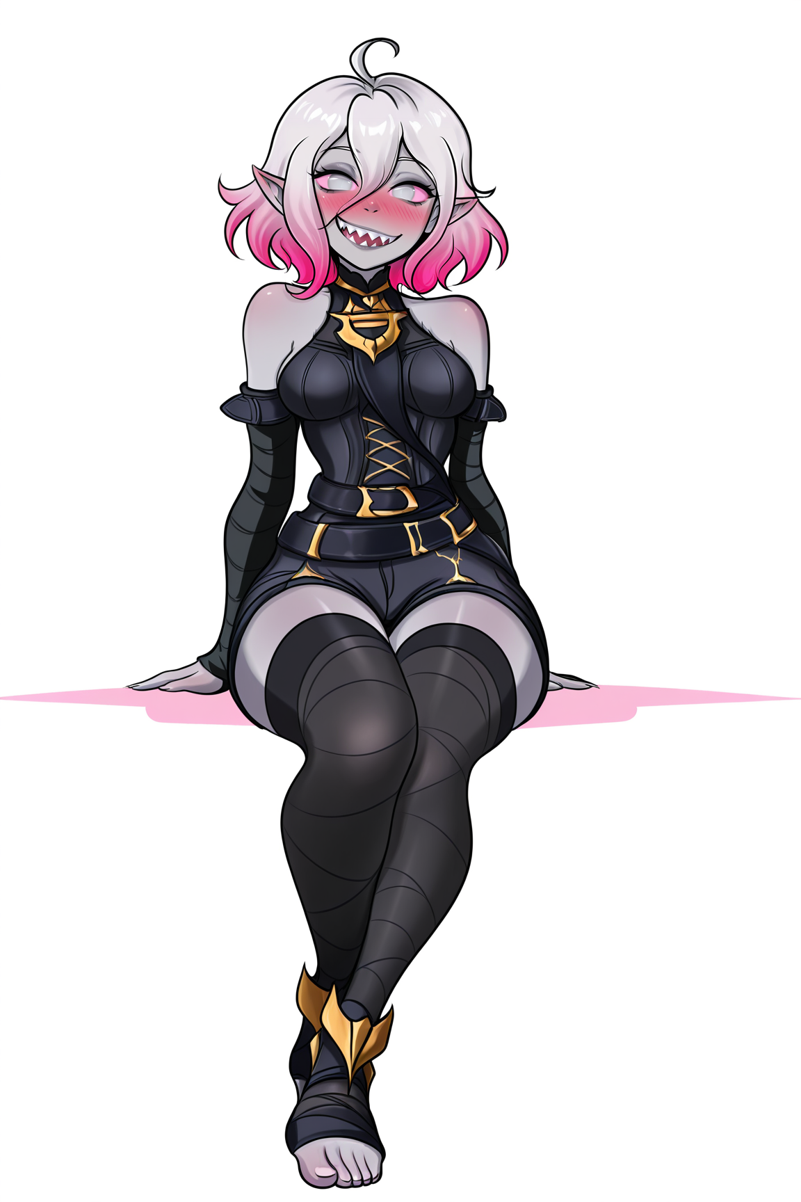 masterpiece,best quality,amazing quality, BREAK, BriarLoLILXL, grey skin, colored skin, no pupils, grey eyes, pink sclera, white hair, pink hair, two-tone hair, gradient hair, short hair, hair between eyes, ahoge, pointy ears, sharp teeth, medium breasts, bare shoulders, black thight dress, detached sleeves, black bandaged sleeves, black shorts, belt, (black bandaged legwear), toeless legwear, (solo), sitting, ((bellow view)), looking at viewer, seductive smile, naughty face, nose blush, white background, simple background  <lora:BriarLoLILXL:1>, MarkAbStyleILXL <lora:MarkAbStyleILXL:1>