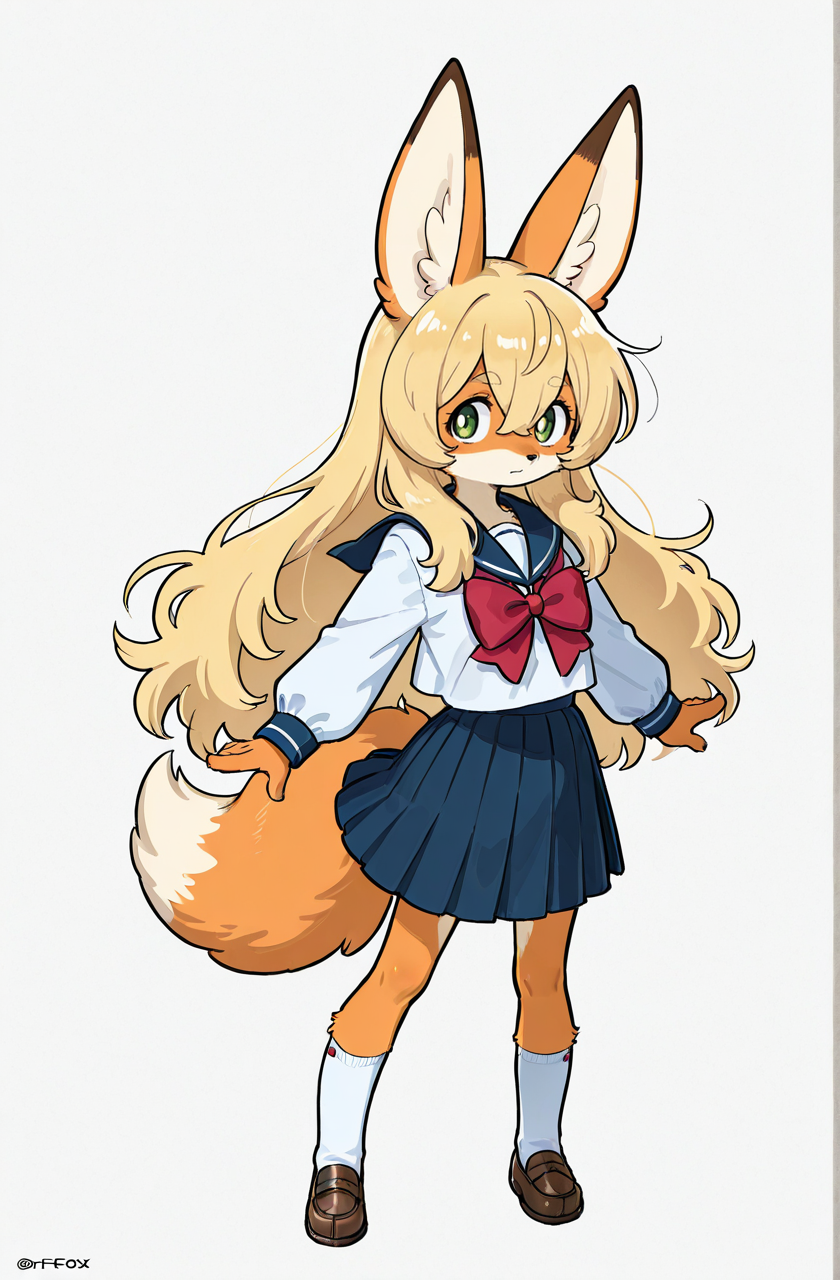 (anthro fox girl:1.5),blonde,long hair,(fur:1.5),(fluffy:1.5),(serafuku:1.5),perspective
hair between eyes,zPDXL3,solo,simple background, full body, 
<lora:Perfect Hands:1> <lora:age_slider_v4:-2>
<lora:Tezuka_Osamu:0.9>tezuka osamu, score_9, score_8_up, score_7_up, score_6_up, score_5_up, score_4_up,zPDXL