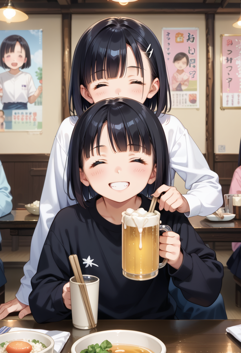 score_9, score_8_up, score_7_up, rating_safe, masterpiece, best quality, absurdres, unity 8k wallpaper, official art, official style, source_anime, game cg, megami magazine,
murayakuba, izakaya, black hair, multiple girls, shirt, cup, holding, beer mug, black shirt, chopsticks, bowl, closed eyes, indoors, table, food, short hair, sitting, smile, white shirt, jacket, long sleeves, poster (object)
 <lora:murayakuba_pony_V1:1>
