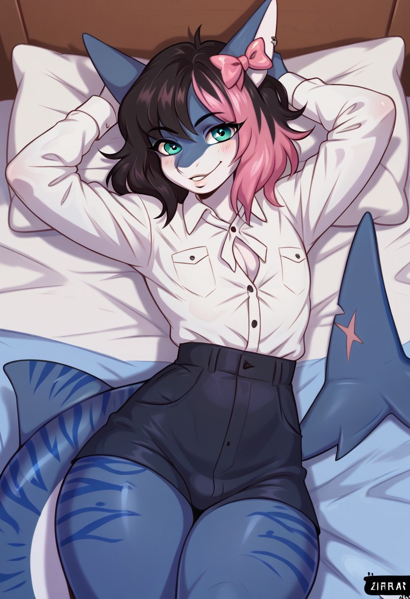 ziffir_stylepxl,score_8_up, score_7_up, solo, moonlitepxl, femboy,solo, anthro shark,medium hair, multicolored hair, dark hair, pink hair,bow, stripes on body, turquoise eyes, shark tail, blue body,BREAK, Lying on the bed, on his side, hands under his head, unbuttoned white shirt, covered with a blanket up to his hips, a small smile, background apartment, early morning,