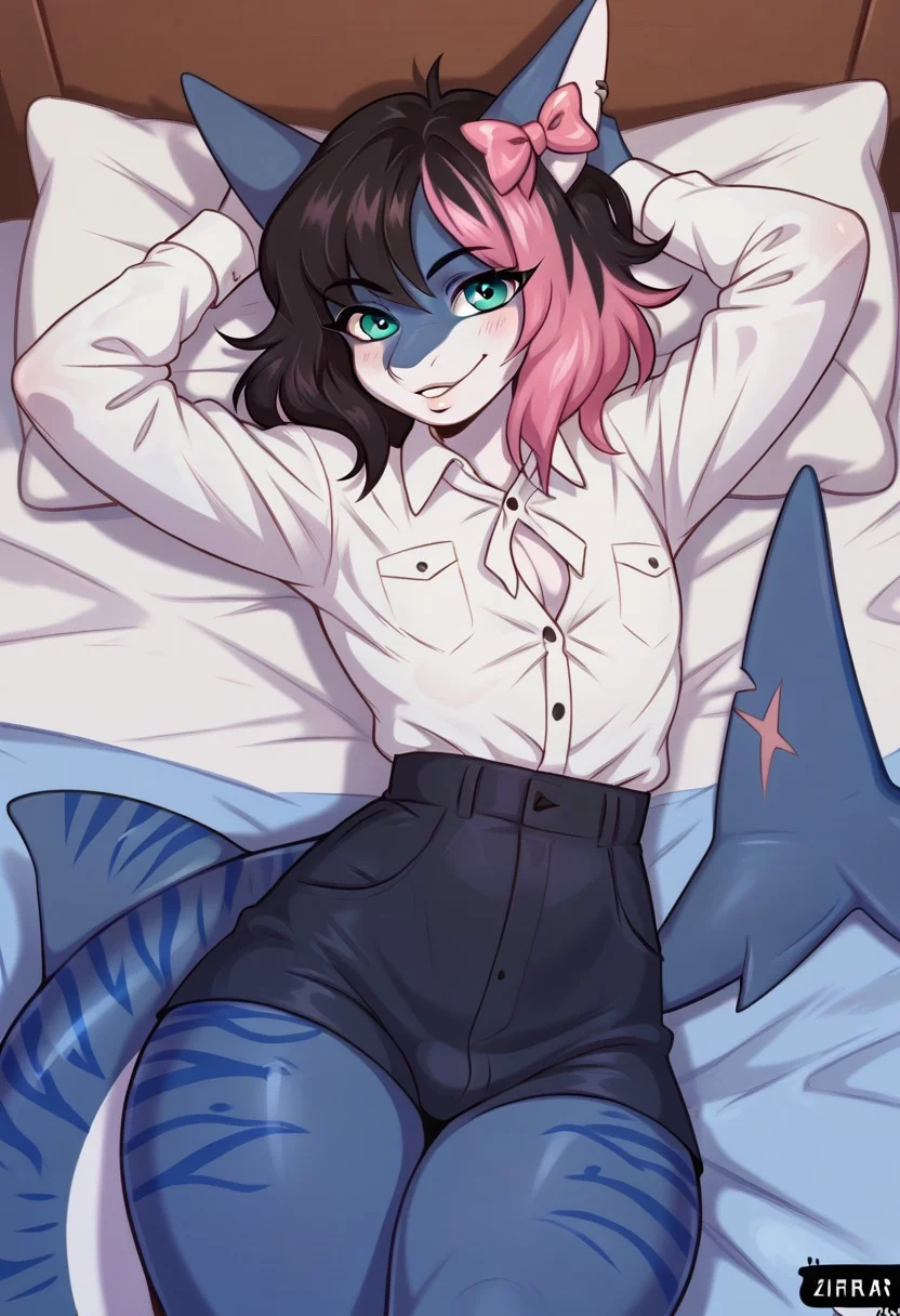 ziffir_stylepxl,score_8_up, score_7_up, solo, moonlitepxl, femboy,solo, anthro shark,medium hair, multicolored hair, dark hair, pink hair,bow, stripes on body, turquoise eyes, shark tail, blue body,BREAK, Lying on the bed, on his side, hands under his head, unbuttoned white shirt, covered with a blanket up to his hips, a small smile, background apartment, early morning,