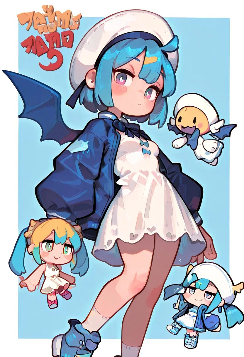LiveTwinLil-laYu-Gi-Oh, short hair, blue hair, small breasts, white headwear, blue jacket, white dress, socks, blue footwear, wings,art by Parororo,fl4t,t4kar4i_illu,no_outlines,no lineart,