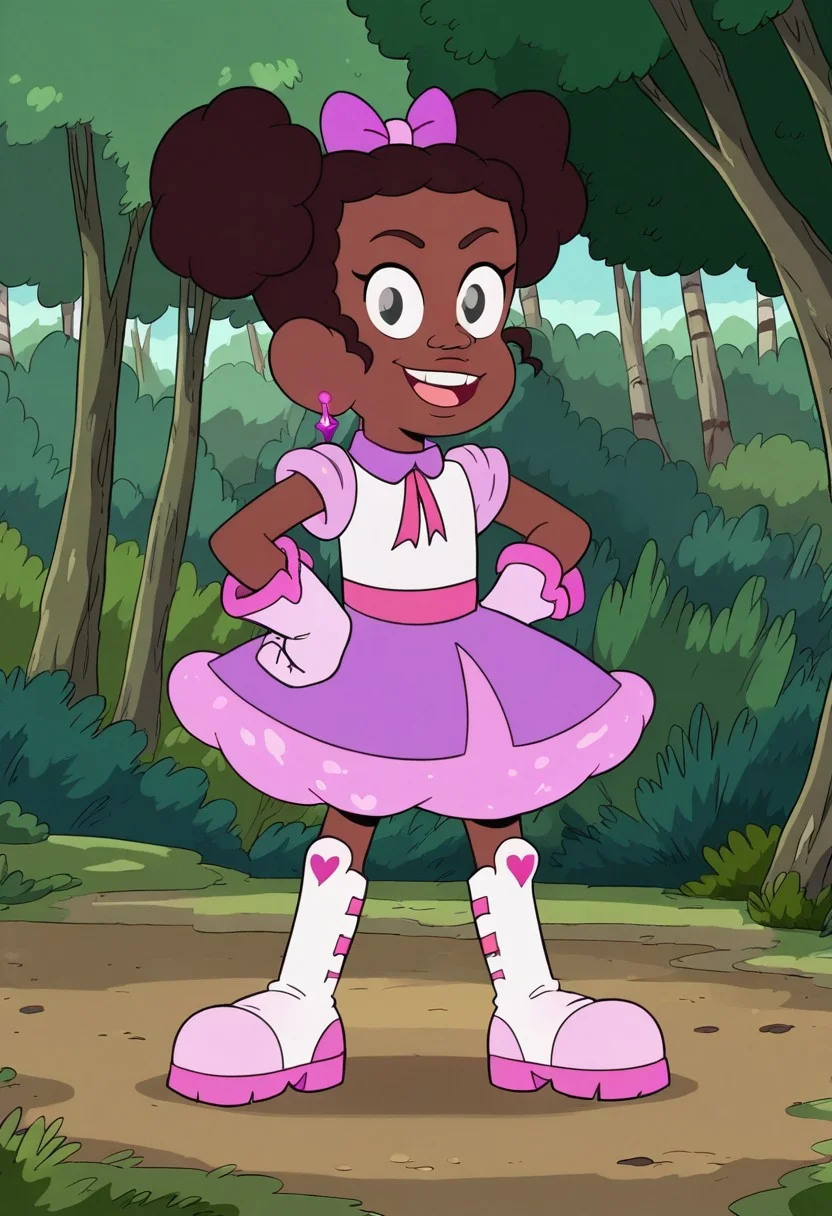 score_8, score_8_up, score_7_up, 1girl, female focus, SparkleC_CotC, brown skin, shiny grey eyes, dark brown eyebrows, dark brown hair, two poufy side buns, hot pink crystal earrings, light pink gloves, pink bow, white top with light pink rolled-up sleeves, hot pink ribbon collar, pink skirt, hot pink ribbon, white and pinkboots, full body, smile, standing, outside, grass, forest, Sunny, Blue sky, looking at the viewer, happy, hean on, hands on hips
