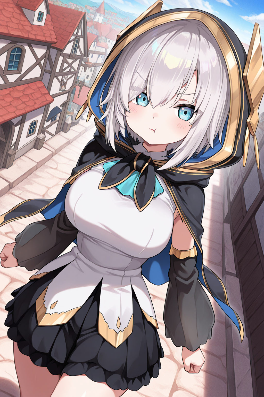 1girl, ArsAlmalNijisanji, 
general, solo, dynamic angle, upper body,
short hair, grey hair, blue eyes,
hooded cape, shirts, large breasts,
detached sleeves,
black sleeves, 
black skirt,
walking, pout, arms at sides, clenched hand, looking at viewer,
town, fantasy,
<lora:kp_ArsAlmalNijisanji1stCostumeIllustrious_v1_0:1.0>,
masterpiece, best quality, amazing quality