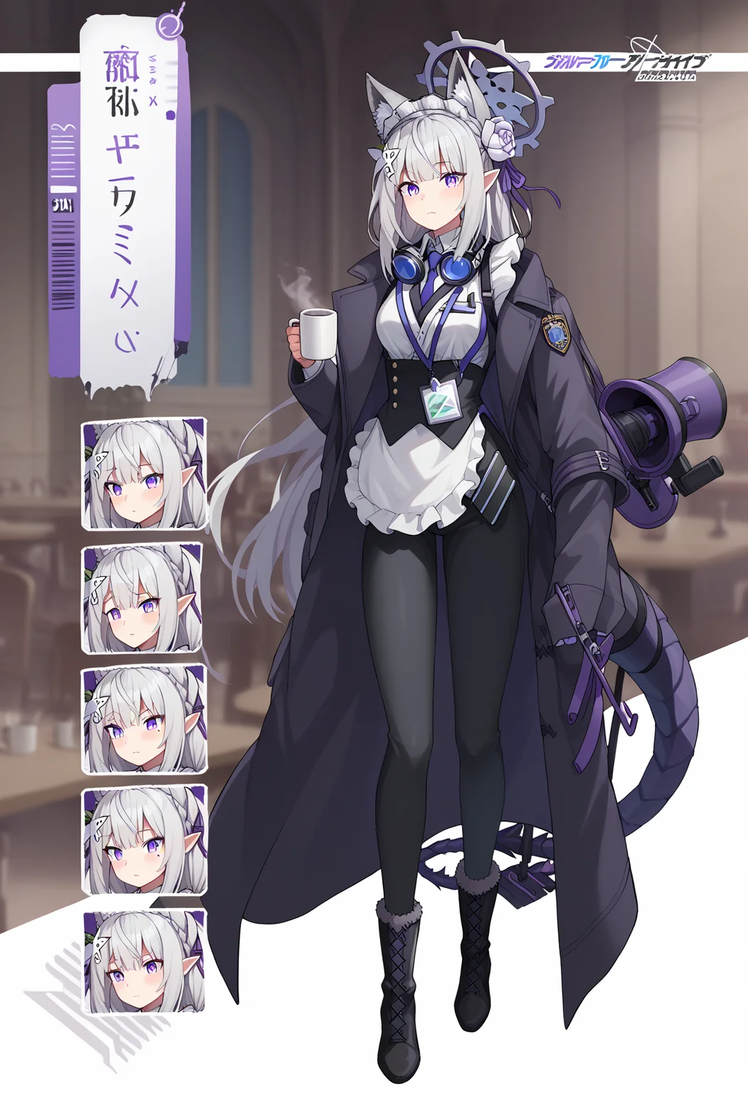 score_9, score_8_up, score_7_up, source_anime,
BREAK
1girl, solo,
<lora:shiEmiliaV2:0.8> emirng, long hair, grey hair, purple eyes, pointy ears, crown braid, hair flower, hair ribbon, purple ribbon, x hair ornament,
fur-trimmed boots, tail ornament, white flower, mole, thighs, tiger ears, megaphone, submachine gun, black pants, dragon tail, animal ear headwear, id card, mug, coat on shoulders, goggles on head, coat, from behind, cup, fox ears, maid,
<lora:shiBluArchiveExpressV1 (1):1>,
expressions,
looking at viewer,