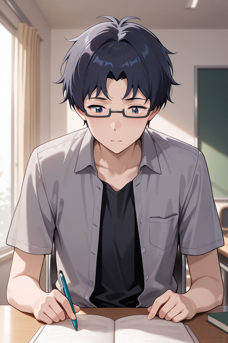 masterpiece, absurdres, newest, perfect quality, best quality, absolutely eye-catching, amazing quality, very aesthetic, high resolution, ultra-detailed, 1boy, male focus, solo, joe_kido_tri, dark blue hair, dark blue eyes, glasses, under-rim eyewear, grey shirt, unbuttoned, open clothes, black t-shirt, short sleeves, studying, books, desk, chair, indoors, detailed background, volumetric lighting, vibrant colors