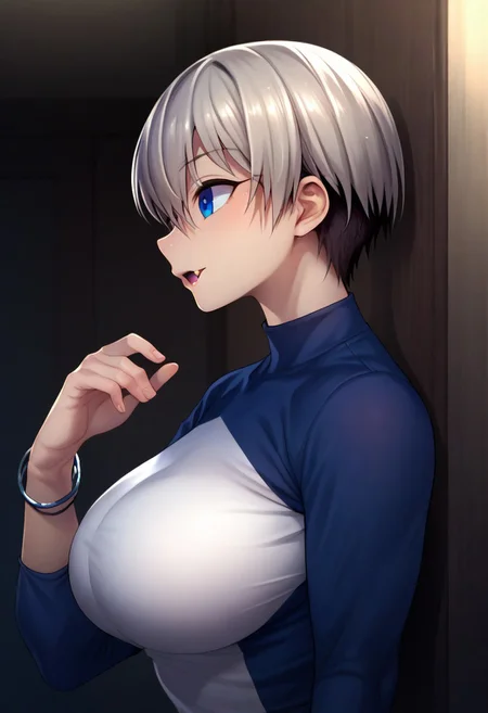 (zPDXL3),
(zPDXLxxx),
1girl,
solo,
1girl, uzaki hana, grey hair, short hair, hair between eyes, bangs, blue eyes, skin fang, large breasts,
black pantyhose, boots, bracelet, clothes writing, denim skirt, long sleeves, raglan sleeves,
bust up,
side view,
