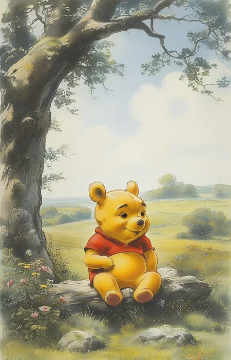 masterpiece,best quality,<lora:tbh131-sdxl:0.8>,Winnie the Pooh,painting,style of E. H. Shepard,