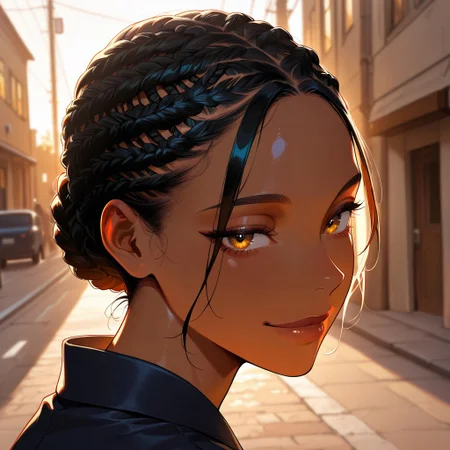 (masterpiece, newest, best quality, highly detailed, very awa, superfine illustration, official art style), very detailed face, hyperrealistic, portrait, (UHD quality details), 1girl, ebony_girl, standing, looking back, looking over shoulder, soft smile, cornrows, natural light, evening sunshine, golden hour, outdoors, street, dynamic angle, depth of field, 8k uhd, absurdres, volumetric lighting, tack sharp focus, beautiful composition, intricate detail, professional illustration