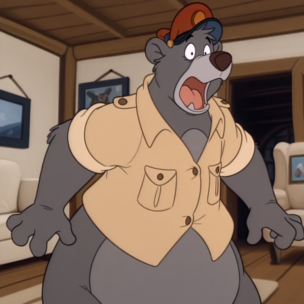 masterpiece, best quality, amazing quality, baloots, male, furry male, anthro, solo, sloth bear, grey fur, two tone fur, grey muzzle, brown nose, black eyes, claws, brown shirt, red pilot cap, standing, open mouth, shocked, wide eyed, indoors, living room