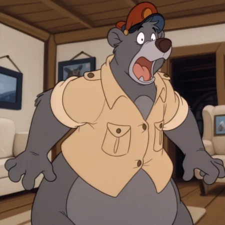 masterpiece, best quality, amazing quality, baloots, male, furry male, anthro, solo, sloth bear, grey fur, two tone fur, grey muzzle, brown nose, black eyes, claws, brown shirt, red pilot cap, standing, open mouth, shocked, wide eyed, indoors, living room