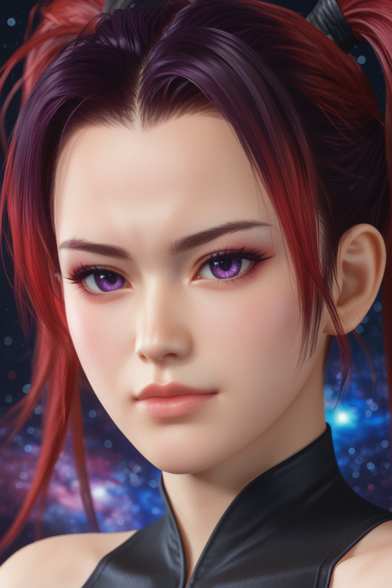 score_9,score_8,score_7_up,ultra detailed,realistic,high_contrast, 
nyotengu \(doa\),
purple eyes, red hair, twintails, hair between eyes,messy_hair,black bodysuit,((hair slicked back)),((forehead)),
portrait, multicolored hair, fringe, bare shoulders, upper body, cosmic,
 <lora:doa_nyotengu_pdxl_v10_plus:0.7000000000000001>