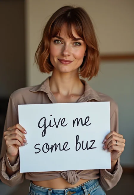 very cute short hair  woman holding a sign "give me some buzz ",