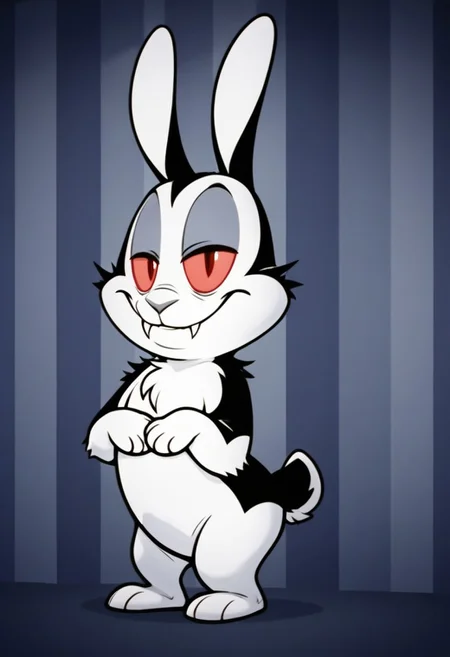 score_9, score_8_up, score_7_up, tail, solo, male, solo male, bunny, rabbit, bunnicula, pink sclera, red eyes, colored sclera, black and white fur, cheek tuft, grey nose, scut tail, fangs, shortstack, chest tuft, chibi, eyeshadow, smile, fur markings, chest tuft, smirk, squint, half-closed eyes, eyelids, confident, looking at viewer, standing, barefoot, featureless chest, head tilt, cocked hip, flirty, arched back, showing off, adjusting clothing, masterpiece, extreme detail, 4k, realistic, shading, psychedelic background, pattern background, full-length portrait, Perfect Hands, 5 fingers, perfect paws, perfect lighting, zPDXL3, Expressiveh, light and shadows by reij-shdwgms, vampire, horror \(theme\),
