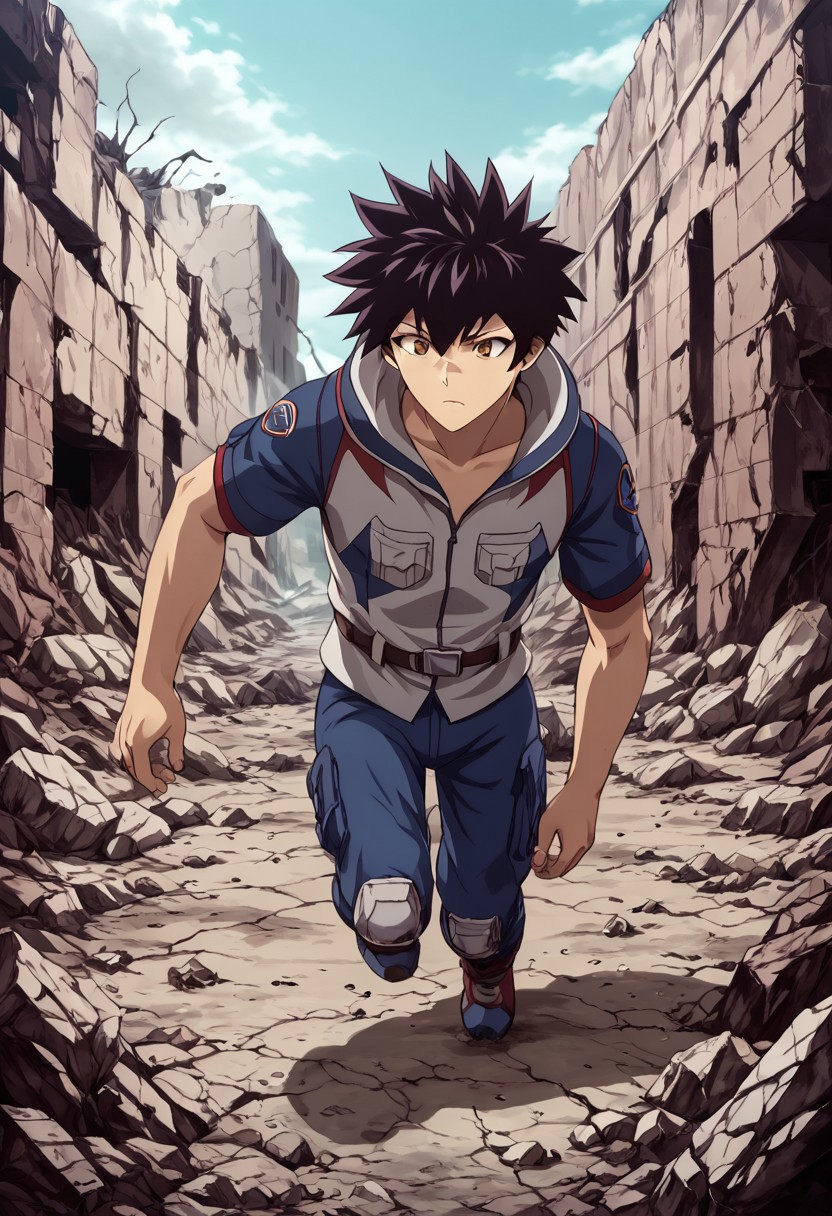 high resolution, solo, best quality, 1Boy, Kanata Hoshijima, Black hair, Brown Eyes, War zone, rubble, survival, despair,