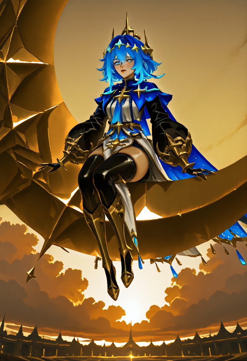 full body, floating, from below
1girl, Lena, hair ornament, gold ornaments, blue hair, blue eyes, black thighhighs, star hair ornament, sitting on gold crescent
,sky, clouds, flying, [[photo_background]],
full_composition, [narue, guweiz, kornod], (realistic),
masterpiece, absurdres, newest, [dynamic pose]