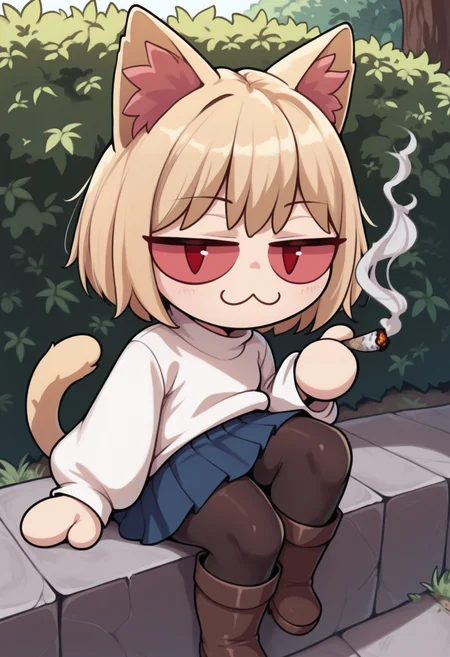 masterpiece, best quality, solo, 1girl, looking at viewer, <lora:Stoned-illus_Fp:1>, colored sclera, smoking, joint \(drug\), <lora:necoarc-guy90-Illust-LoraV1:1>, cracen, animal ears, short hair, blonde hair, :3, cat girl, cat tail, red eyes, slit pupils, chibi, animal ear fluff, white sweater, long sleeves, black pantyhose, blue skirt, pleated skirt, boots, brown footwear, sitting, outdoors,