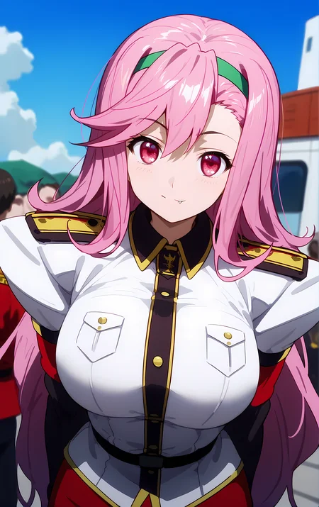 (score_9, score_8_up, score_7_up), standing, leaning forward, looking at viewer, light smile, closed mouth, shiny skin, tight clothes,
ohwx, 1girl, solo, pink_hair, long_hair, hairband, pink_eyes, red eyes, heart, fang, fang_out, breasts, large_breasts,
uniform, military_uniform, military, skirt,
island,
cowboy shot, dutch angle, close-up,
<lora:shiria_ootsuka_pony_ss:1>