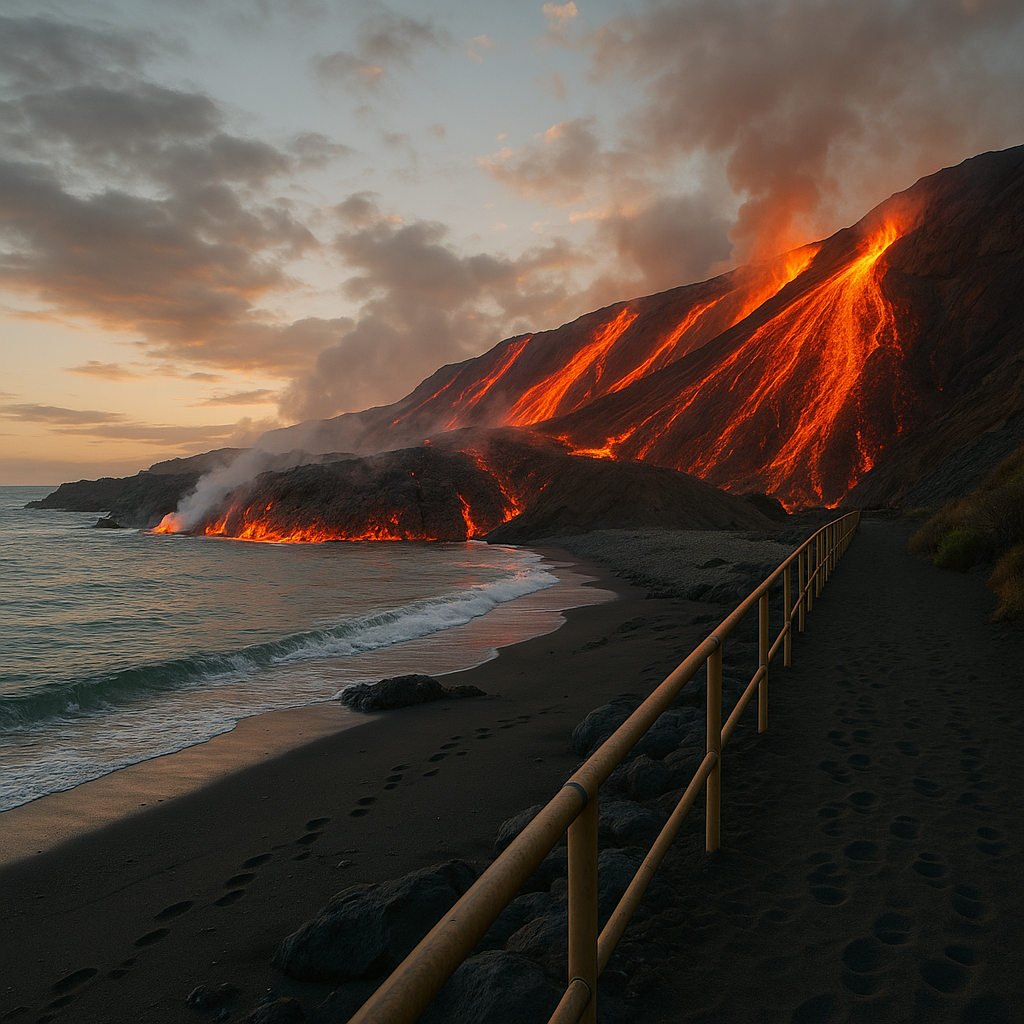 A high-resolution, cinematic digital painting of an erupting volcano at sunset. Streams of molten lava flow down the mountain slope into the ocean, generating thick steam where lava meets water. The scene includes a black sand beach in the foreground with visible footprints, and a golden metal railing running along a rocky coastal path. The sky is filled with warm orange clouds and soft evening light, casting a dramatic glow over the entire landscape. Photorealistic, ultra-detailed, glowing lava, smoke effects, dynamic lighting, 8K quality.