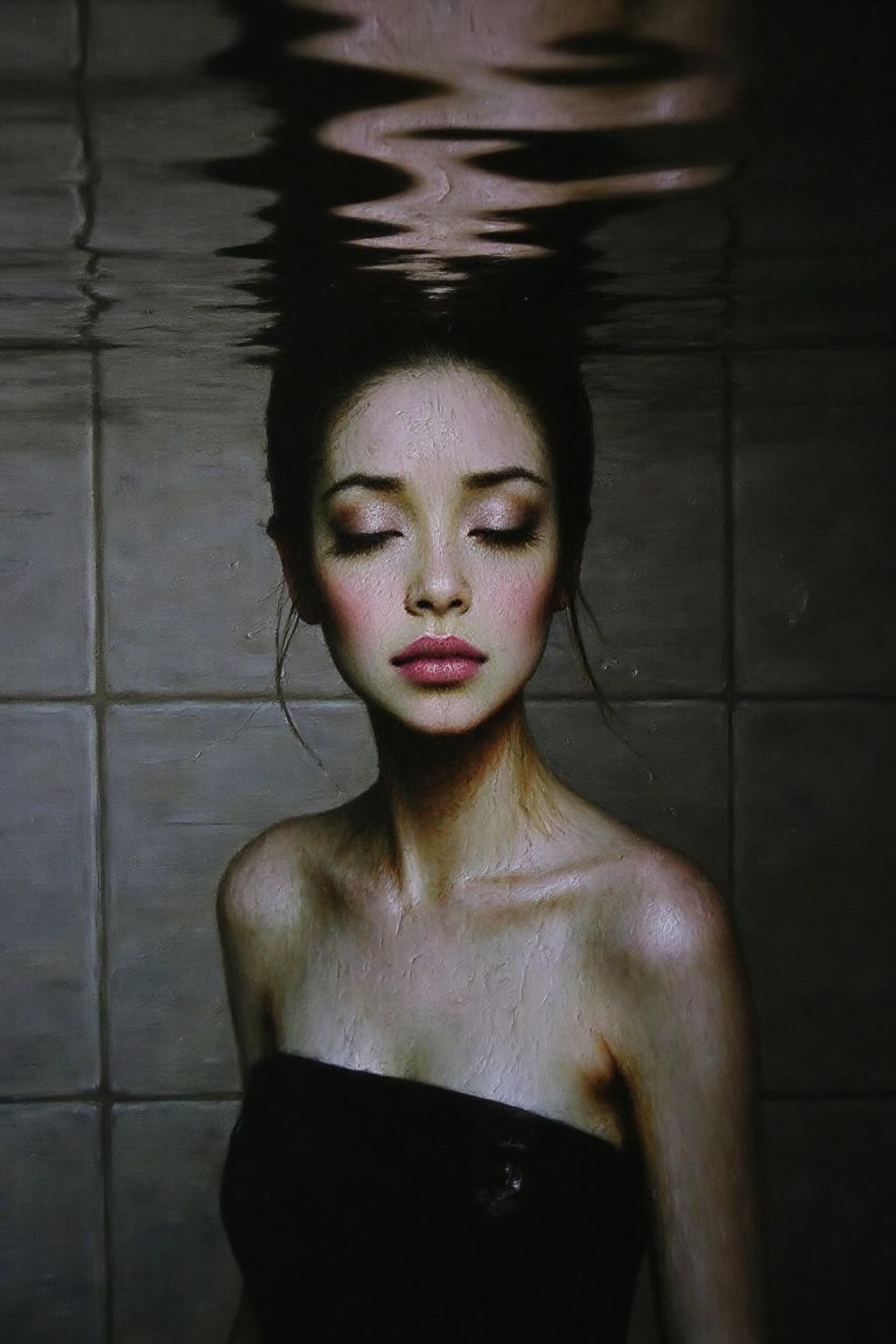 talo1 painting.
Closeup shot of a serene and artistic underwater scene featuring a woman partially submerged in water. She is wearing a strapless one piece bathing suit. The water surface gently ripples above her head, creating intricate patterns of light and shadow on her face and body. Her eyes are closed, and her expression is peaceful and contemplative. The background is a tiled surface, blurred by the water, adding a sense of calm and isolation to the scene. The overall color palette is muted, with soft grayscale tones that enhance the tranquil, reflective atmosphere. The image captures the ethereal beauty of light and water interacting with human form, evoking a sense of introspection and quietude. <lora:talo1_cap_d6a3e15:1.0><lora:828744481558801443:0>