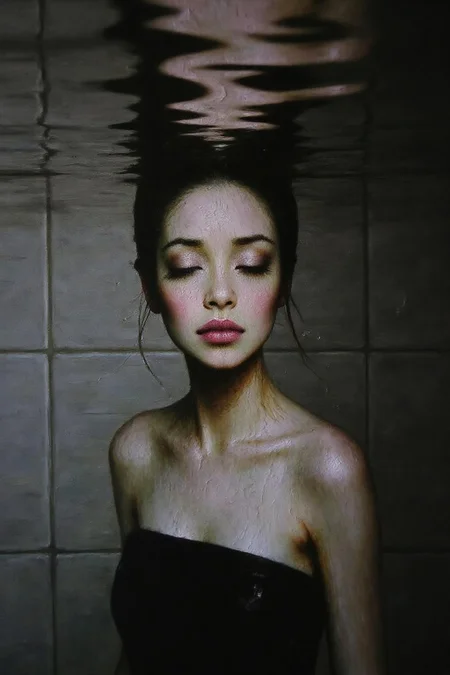 talo1 painting.
Closeup shot of a serene and artistic underwater scene featuring a woman partially submerged in water. She is wearing a strapless one piece bathing suit. The water surface gently ripples above her head, creating intricate patterns of light and shadow on her face and body. Her eyes are closed, and her expression is peaceful and contemplative. The background is a tiled surface, blurred by the water, adding a sense of calm and isolation to the scene. The overall color palette is muted, with soft grayscale tones that enhance the tranquil, reflective atmosphere. The image captures the ethereal beauty of light and water interacting with human form, evoking a sense of introspection and quietude. <lora:talo1_cap_d6a3e15:1.0><lora:828744481558801443:0>