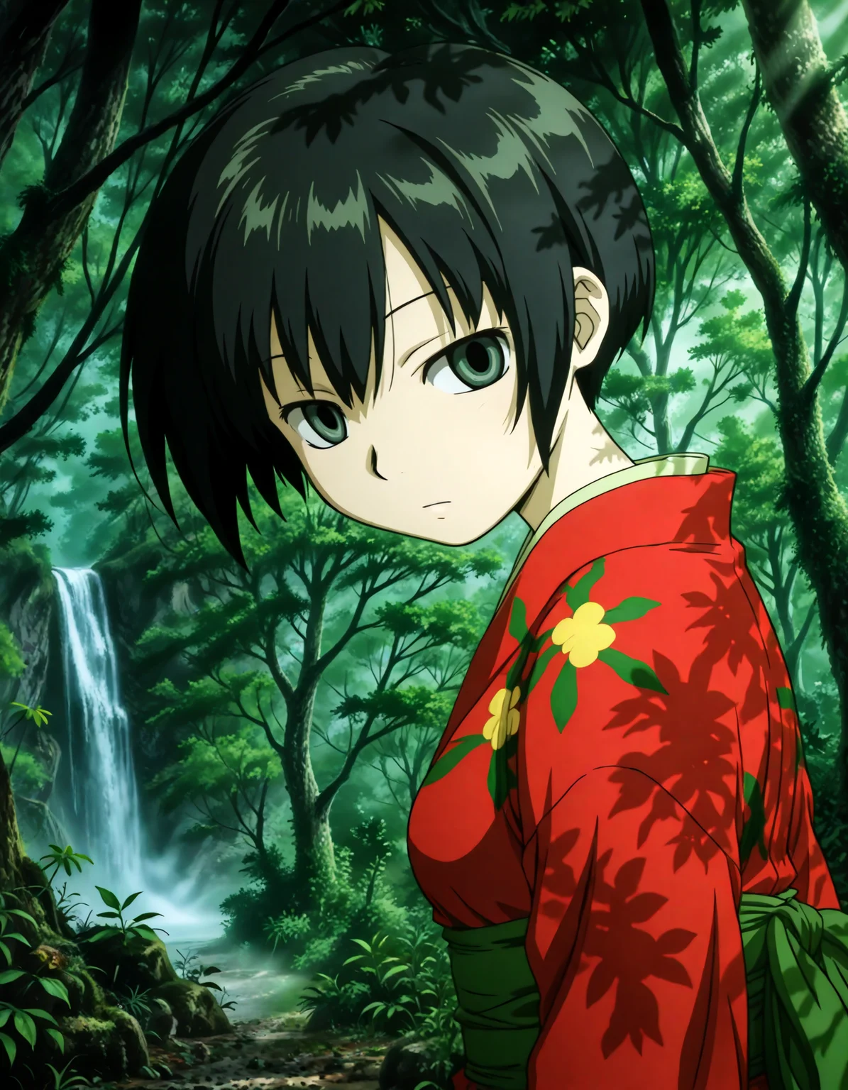 (1girl, solo:1.3), (2girls, 3girls, 4girls, multiple girls, 2boys, 3boys, 4boys, multiple boys:-1.5) <lora:Ioroi_Renzu_Mushi-shi_Illustrious:0.9>, ioroi_renzu, medium breasts, grey eyes, green eyes, black hair, short hair, bob cut, bangs, hair between eyes, japanese clothes, kimono, red kimono, obi, green obi, sandals expressionless, (half-closed eyes:0.7), general, contrapposto, dynamic pose, , upper body, from behind, pov, dutch angle, outdoors, forest, japanese forest, japanese shrine, (torii:-1.0), ancient forest, dense foliage, mossy trees, mist, eerie silence, no people, overgrown, primeval, twilight lighting, mystical, waterfall, A vast, untouched forest frozen in time, where ancient, towering trees with thick, moss-covered trunks rise from a ground layered with centuries of decaying leaves and soft green undergrowth. Twisted roots snake across damp soil, and the air hangs heavy with mist and silence. Shafts of pale light struggle to pierce the dense canopy, casting a faint glow on the shadowy floor below. Ferns and strange fungi thrive in the perpetual twilight, and no sign of human presence disturbs the eerie stillness. The atmosphere feels sacred, as if the forest itself is watching. A green forest with tall trees and dense foliage, an abstract depiction of a tranquil forest scene, where the towering trees create a serene, mystical atmosphere. The forest floor is covered with rich greenery, and the soft natural light filters gently through the leaves, subtly illuminating the scene without overpowering the natural beauty of the surroundings. (close-up, face focus:1.2), morning, fog, , perspective, night, , pov, from side, (light leaks, light rays:1.1), <lora:NOOB_EPSv1_1_detailer_by_vlnvk_v1_0:1.5>, (photo background:0.7), evening, (tachibana yuu:0.6), inue shinsuke, (kazuma muramasa:0.0), saikawa yusa, (aoi manabu:0.6), abarerumidori, (suzui narumi:0.6), masterpiece, newest, absurdres, 8K, anime screenshot, anime coloring, flat color, official art, film grain, <lora:illustriousXLv01_stabilizer_v1.185c:0.7>, <lora:LECO_Solo:-4.0>,