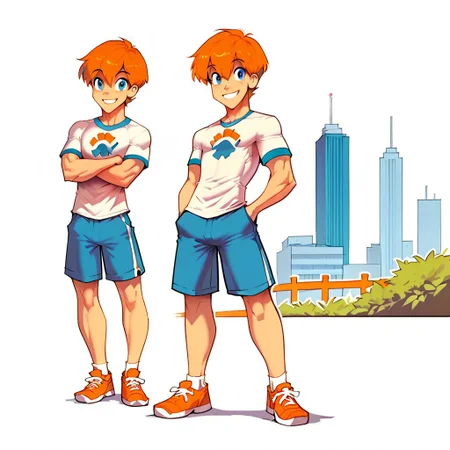 freerrystyle,
score_9, score_8_up, score_7_up, 1boy, solo, cute, happy, smiling, white outline, standing, full-length portrait, city background, short hair, eyes, shorts, shirt, shoes, street background